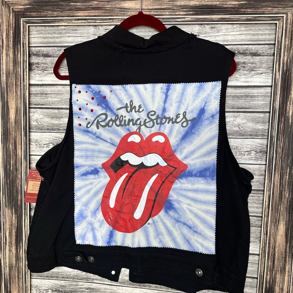 UpCycled Recycled Handmade Reworked Vintage Rolling Stones Rock Roll Denim Vest